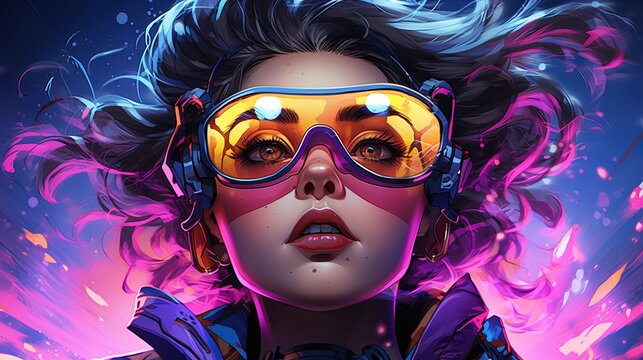 a girl wearing protective goggles and neon light. Fantasy concept , Illustration painting.