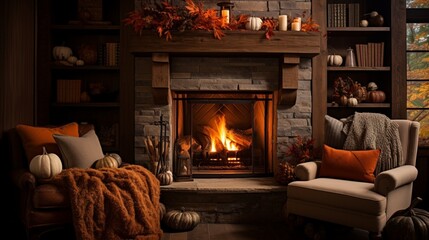 A cozy fireplace nook with autumn decor, plush seating, and the high-resolution camera capturing the warmth and charm of this intimate fall-inspired space.