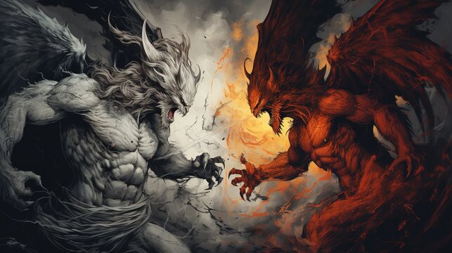 a demon and an angel fighting. Fantasy concept , Illustration painting.