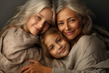 Two women and child are pictured wrapped in blanket. This image can be used to depict warmth, family, love, or to illustrate cozy moment.