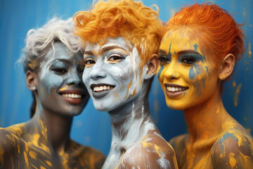 Group of people with their faces painted in vibrant colors. Perfect for events, festivals, and artistic projects.