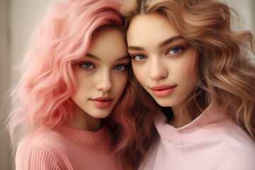 Fototapeta premium Two women with striking pink hair pose for photo. Perfect for capturing unique and vibrant personalities. Ideal for social media, fashion, and lifestyle content.