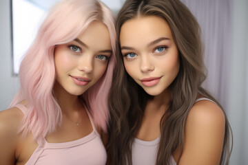 Fototapeta premium Two girls with pink hair posing for picture. Ideal for fashion or portrait photography projects.
