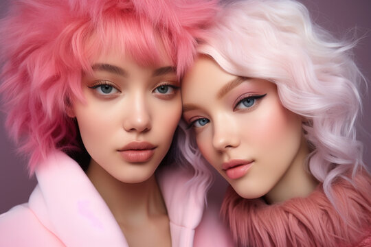 Two women with vibrant pink hair strike pose for photograph. This image can be used to depict modern fashion trends or to represent friendship and individuality.