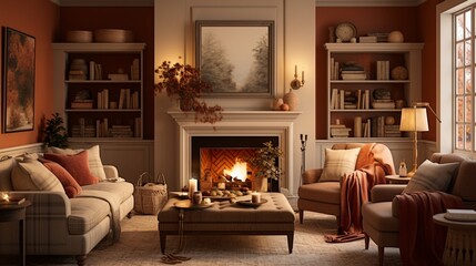 A cozy living room adorned with autumnal hues, featuring warm-toned decor, plush blankets, and a fireplace casting a comforting glow.