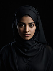 Portrait of a beautiful Muslim woman, dressed in a black suit.