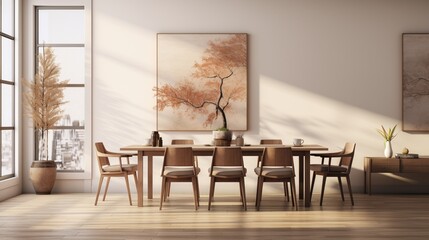 Fototapeta na wymiar A minimalist dining room with subtle autumnal touches, the HD camera showcasing the clean design with pops of fall colors, creating a modern and seasonal space.