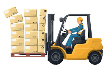 Safety in handling a fork lift truck. Make sure the load is properly stacked. Security First. Prevention of accidents at work. Industrial Safety and Occupational Health - obrazy, fototapety, plakaty