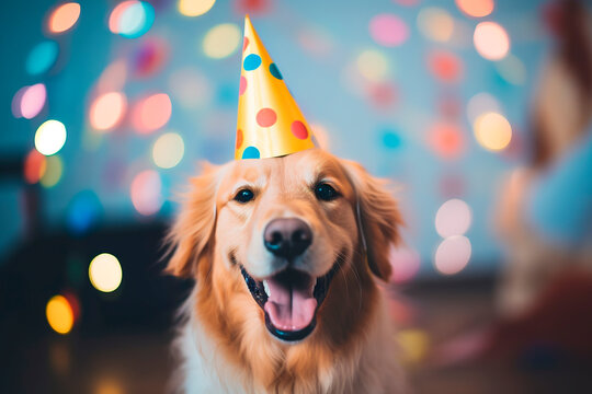 Headshot portrait of funny Golden Retriever dog wearing party hat for his bruit day party