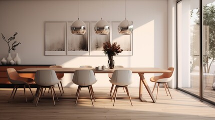 Fototapeta na wymiar A minimalist dining room with subtle autumnal touches, the HD camera showcasing the clean design with pops of fall colors, creating a modern and seasonal space.