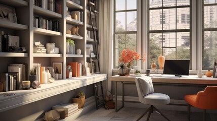 A chic home office with autumn-inspired color palette, the high-definition camera capturing the stylish and seasonally inspired workspace.