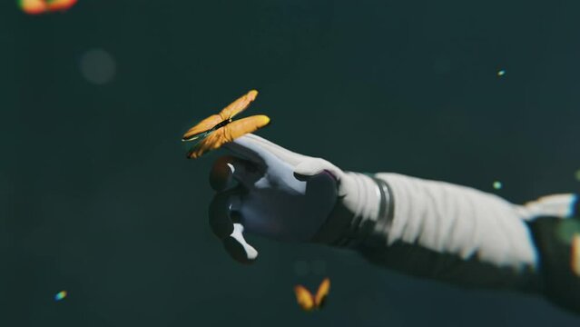 An astronaut floating in space and playing with butterflies in a 3D animation