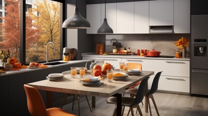 A modern kitchen with autumn-themed accessories, the HD camera showcasing the clean design with pops of fall colors, creating an inviting culinary space. - obrazy, fototapety, plakaty