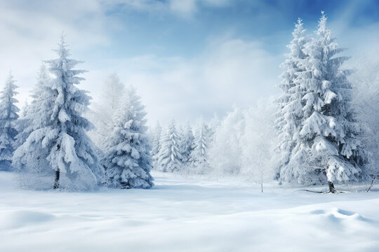 Incredible winter landscape with snowcapped pine trees under bright sunny light in frosty morning. Amazing nature scenery in winter mountain valley. Christmas. High quality photo