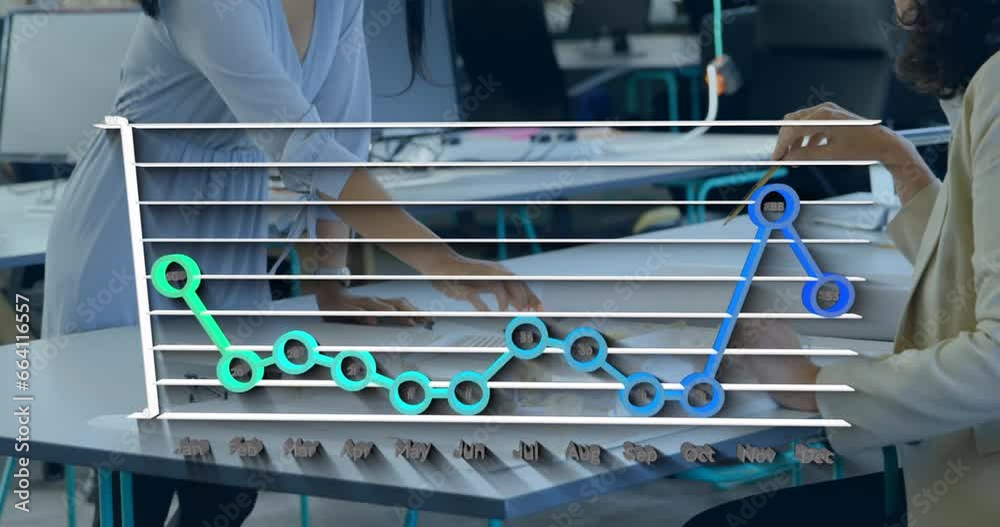 Wall mural Animation of statistical data processing against two diverse women discussing over a plan at office