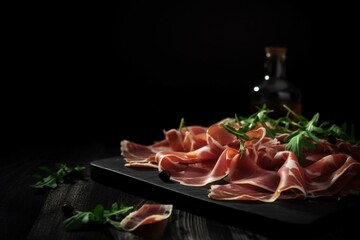 Italian cuisine: thin slices of prosciutto crudo on a dark background. Generative AI