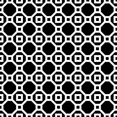 Repeated black figures on white background. Symmetric geometric wallpaper. Seamless surface pattern design with regular octagons and squares. Tiles motif. Digital paper for textile print. Vector art.