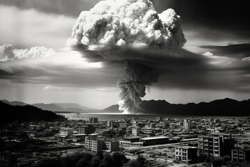 Devastating explosion caused by the atomic bomb dropped on Hiroshima, Japan by the US bomber Enola Gay in 1945. Generative AI
