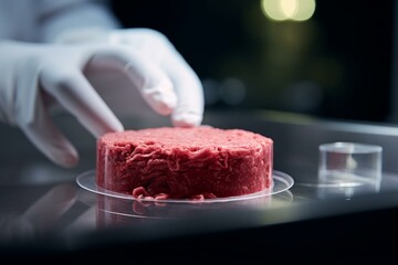 Lab-grown meat on store shelves, cultured meat, innovative food technology. Generative AI - obrazy, fototapety, plakaty