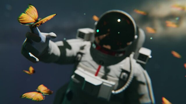 An astronaut floating in space and playing with butterflies