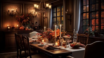 Fototapeta na wymiar A sophisticated dining room with autumn-inspired table settings and warm lighting, the high-resolution camera capturing the elegant and festive ambiance.