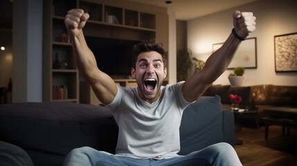 Young happy man raising his arms with fists with joyful face expression like a winner at home. Cheerful man celebrating while watching a sports game on TV. - obrazy, fototapety, plakaty