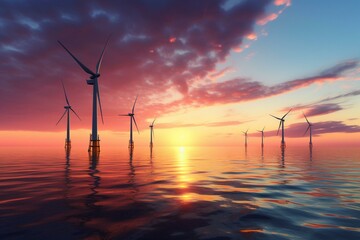 Offshore wind turbines at dusk support renewable energy. Generative AI