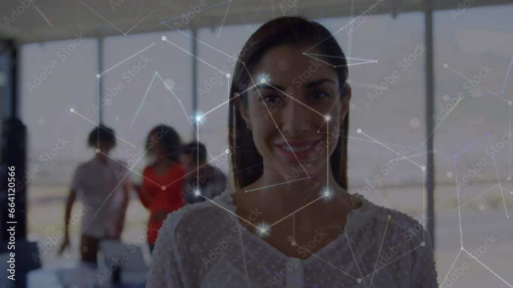 Poster Animation of network of connections against portrait of biracial woman smiling at office