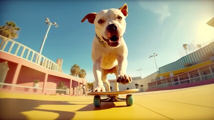 Pit bull dog is skateboarding, dynamic and a skillful pit bull skateboarder executing a stylish trick, at Skate pool - obrazy, fototapety, plakaty
