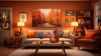Fototapeta na wymiar A vibrant and eclectic living room with autumn-themed artwork, cozy throws, and warm lighting, the HD camera showcasing the energetic and cozy atmosphere.