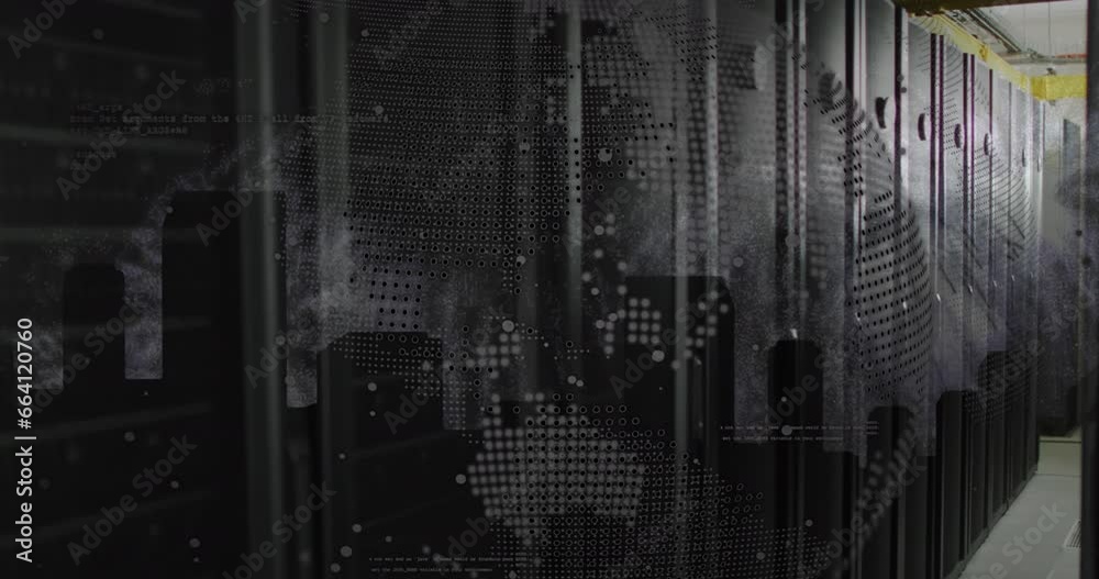 Poster animation of spinning globe and data processing against computer server room