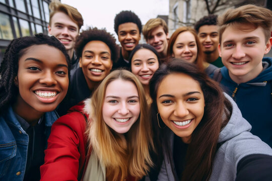 Multi ethnic group of happy young adults posing together for a selfie young smiling multiracial group of people Group of multi-ethnic teen friends