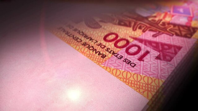West African CFA money Franc Niger Mali Senegal Africa counting. 1000 XOF banknotes. Fast cash note count macro loop. Business, finance and economy. Loopable and seamless concept.