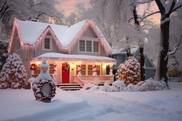 Naklejka premium snow-covered house decorated with festive decor and garlands for Christmas