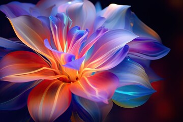 Colorful flower in neon colors on black background.  Abstract multicolor floral backdrop with copy space. Magic fantasy flower