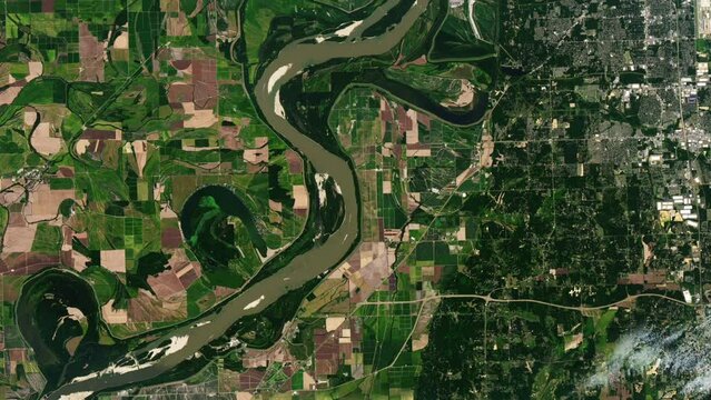 Drought on green field, river and agriculture satellite view, animation of Mississippi river, Tennessee. Contains images by Nasa