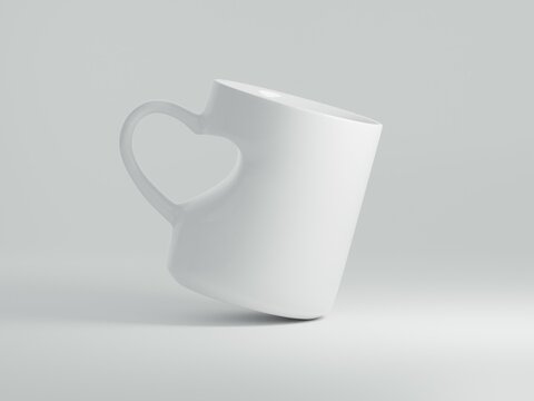 Floating heart shape coffee cup 11 oz with copy space for logo, text or design on a plain white background. Mock up for drink concept. 3D Rendering.