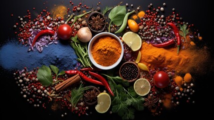Assorted vibrant spice, herb, and vegetable still life on a dark background