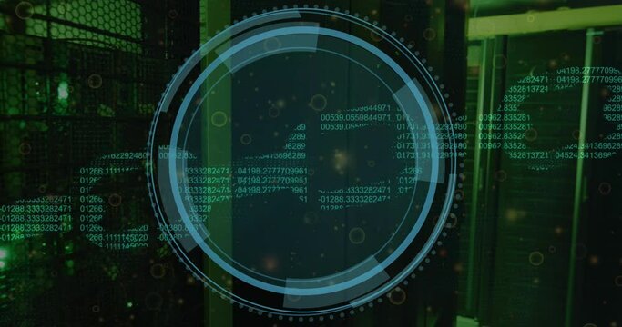 Animation of data protection text over round scanner and security chain icon against server room