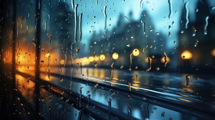 Gloomy urban rainy cityscape with water droplets on glass