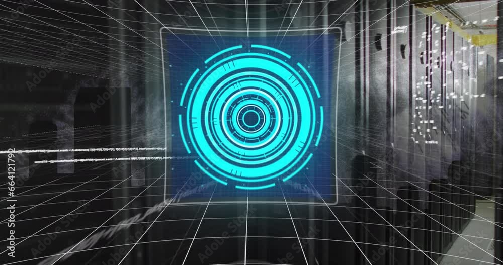 Poster animation of screens with data processing against computer server room