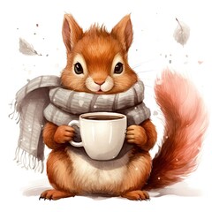 Squirrel with cup of morning coffee or tea. Cute animal with cup of hot drink isolated on white background. Cozy autumn or winter concept. Watercolor cartoon character for card, sticker, print design - obrazy, fototapety, plakaty