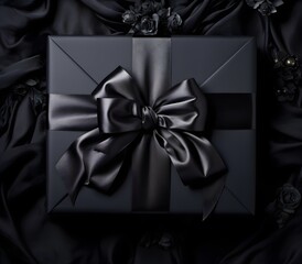black gift box with bow. black background, holiday concept, birthday, New Year, Valentine's Day