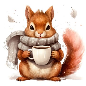 Squirrel with cup of morning coffee or tea. Cute animal with cup of hot drink isolated on white background. Cozy autumn or winter concept. Watercolor cartoon character for card, sticker, print design