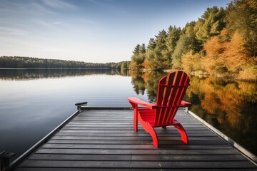 A chair resting on a wooden dock overlooking a peaceful lake, accompanied by a vivid red canoe. Generative AI