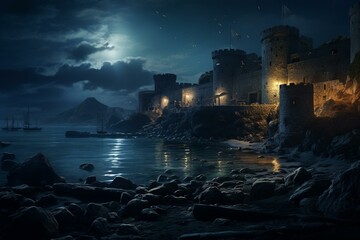 Historic fortress under the moonlight. Generative AI - obrazy, fototapety, plakaty
