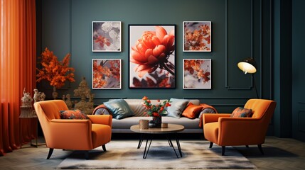 An artistic gallery wall in a living room, featuring autumn-inspired artwork and decor, the HD camera capturing the curated collection in a visually stunning focal point.