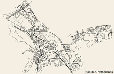 Detailed hand-drawn navigational urban street roads map of the Dutch city of NAARDEN, NETHERLANDS with solid road lines and name tag on vintage background
