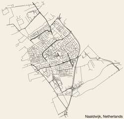 Detailed hand-drawn navigational urban street roads map of the Dutch city of NAALDWIJK, NETHERLANDS with solid road lines and name tag on vintage background