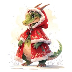 Fantasy cute green dragon wearing in red Santa Claus costume isolated on white background. New Year 2024 watercolor cartoon illustration. Christmas concept